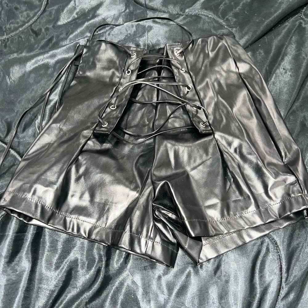 Shein high waisted pvc material shorts (tie up front))